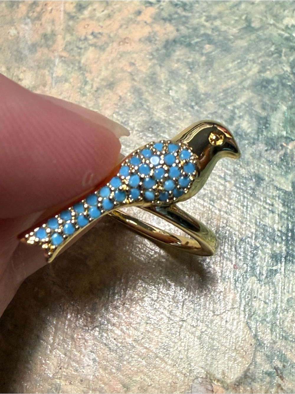 Gold Plated Bird Ring with Turquoise Pavé Stones - Picture 6 of 9